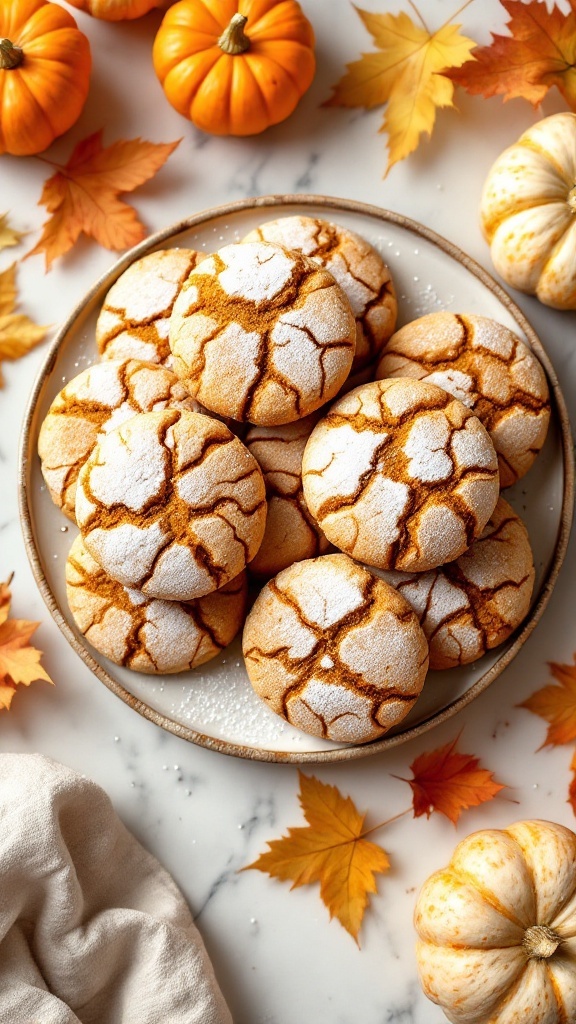 Pumpkin crinkle cookies on a plate with seasonal decorations