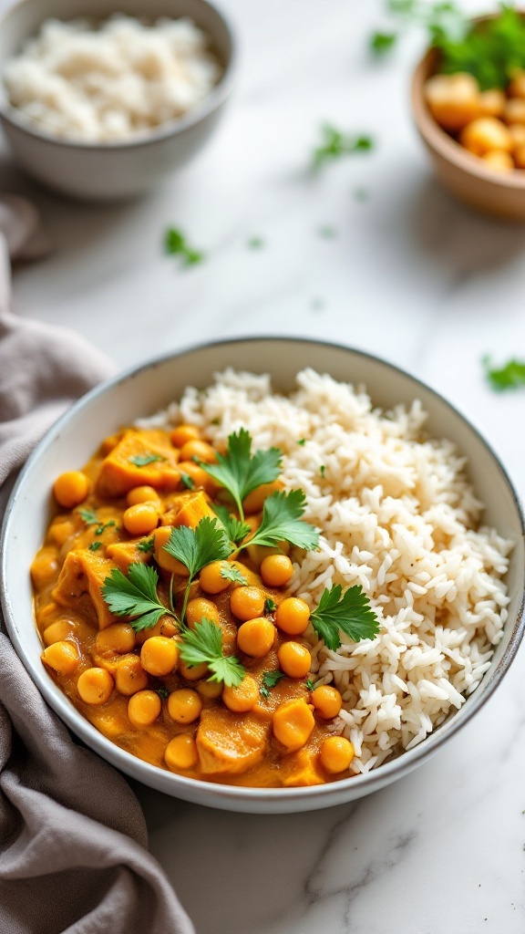 Bowl of pumpkin curry with chickpeas and rice