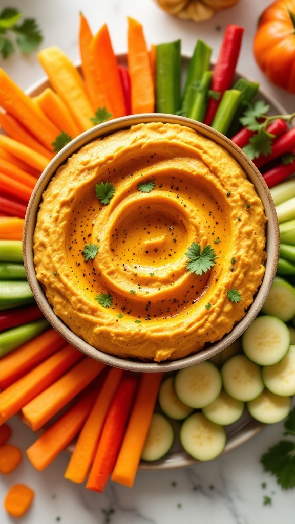 A bowl of pumpkin hummus surrounded by colorful vegetable sticks