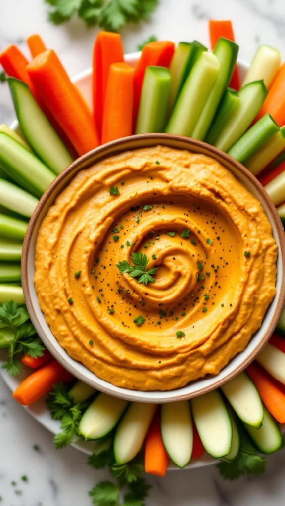 A bowl of pumpkin hummus surrounded by fresh vegetables.