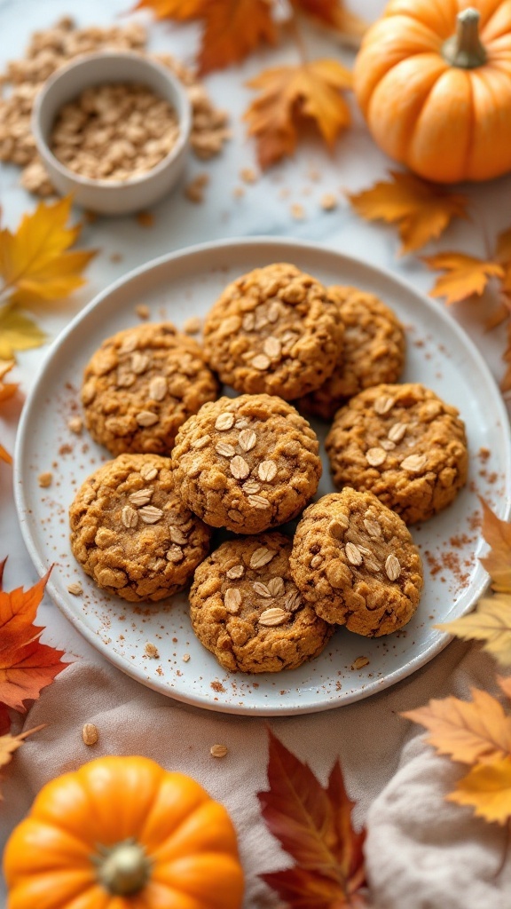 Plate of Pumpkin Oatmeal Cookies with autumn leaves and pumpkins