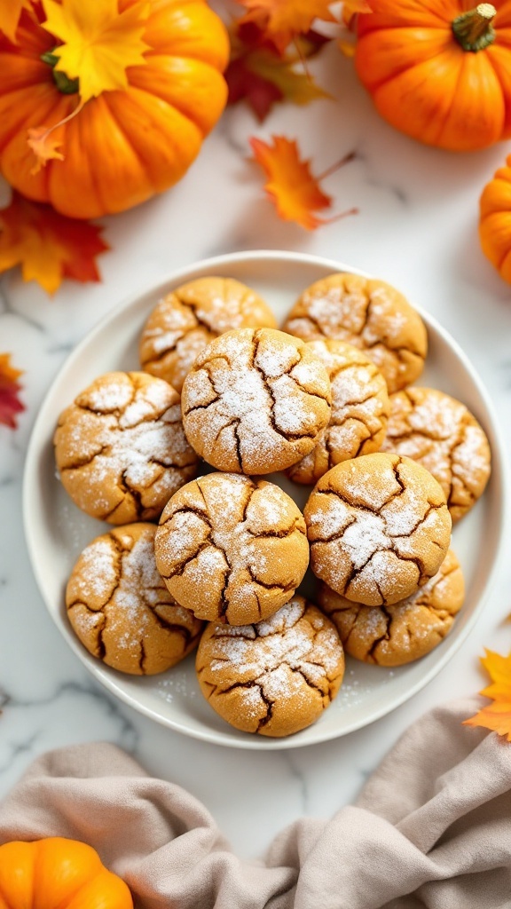 Plate of pumpkin orange cookies dusted with powdered sugar, surrounded by pumpkins and autumn leaves.