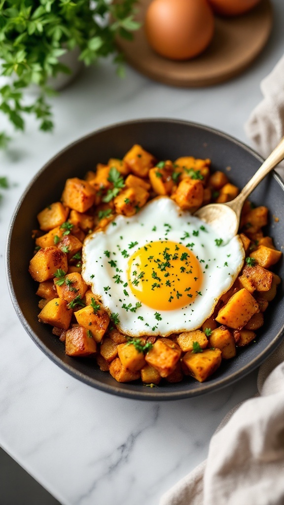 A hearty pumpkin potato hash topped with a fried egg, garnished with parsley.