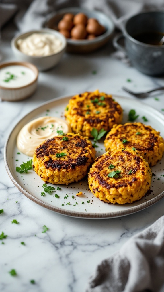 Pumpkin risotto cakes served with sauce and garnished with parsley