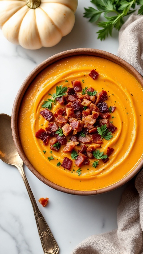 A bowl of creamy pumpkin soup topped with crispy bacon and parsley.