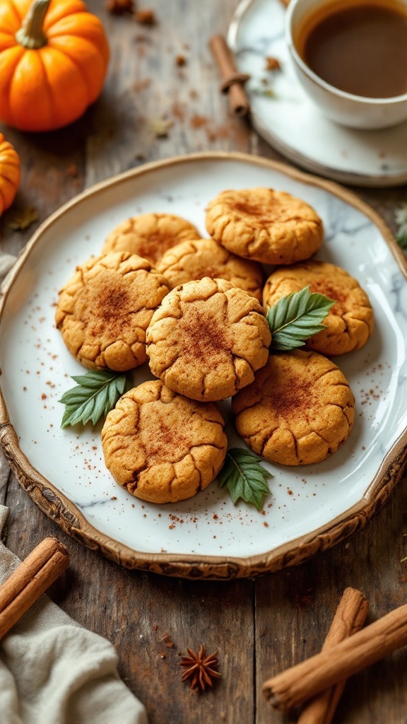 A plate of pumpkin spice cookies decorated with leaves and spices.