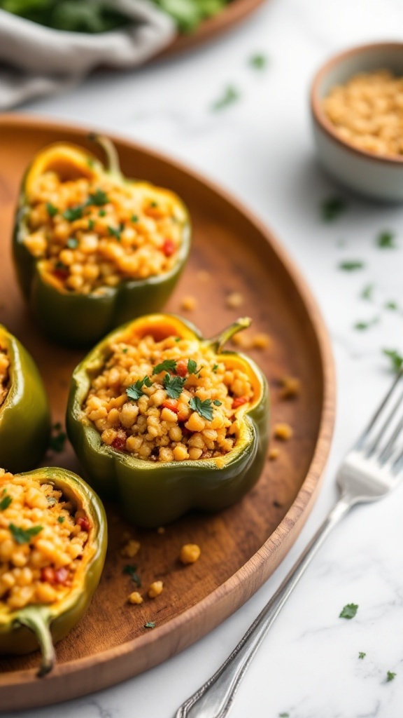 Delicious pumpkin stuffed bell peppers served on a wooden plate.