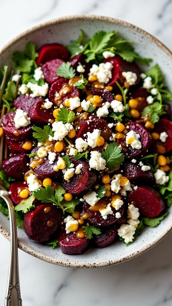 A vibrant roasted beet and goat cheese salad with greens and garnishes.