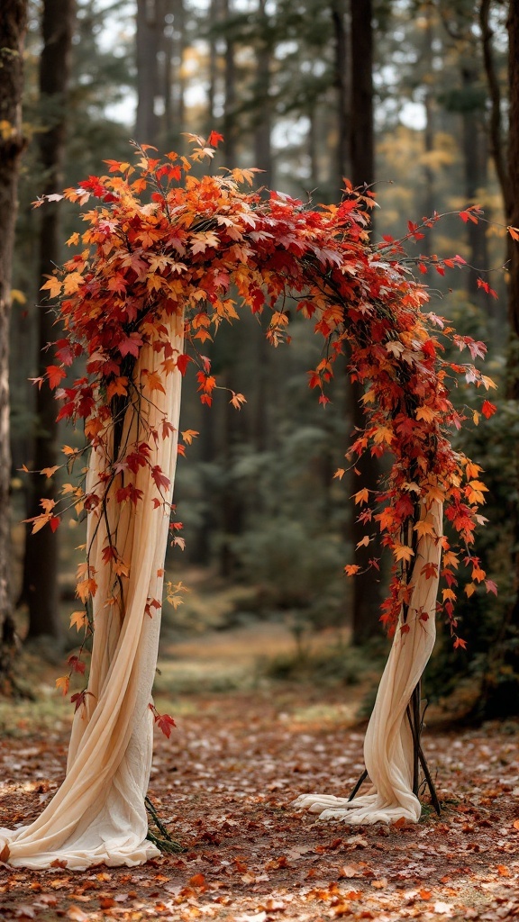 A romantic vine-covered wedding arch with soft draping in a forest setting.