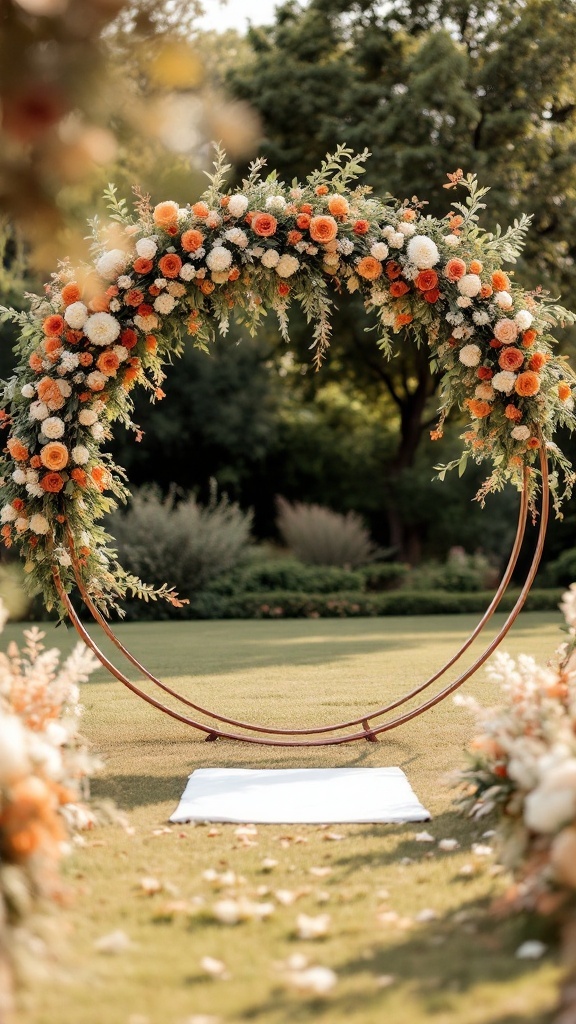 Round copper wedding arch decorated with burnt orange and cream flowers