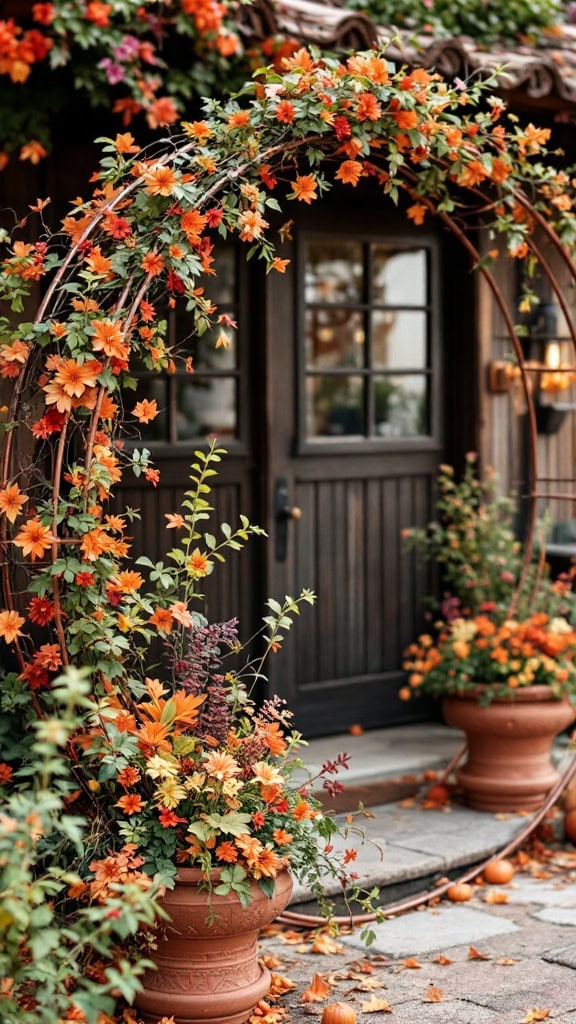 A round copper wedding arch decorated with fall flowers in terracotta pots.