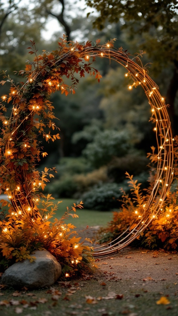 A round copper wedding arch with fairy lights and burnt orange greenery.