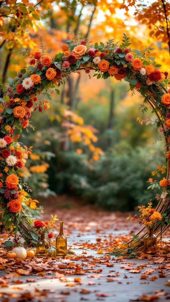 Copper arch decorated with amber glass vases and vibrant florals