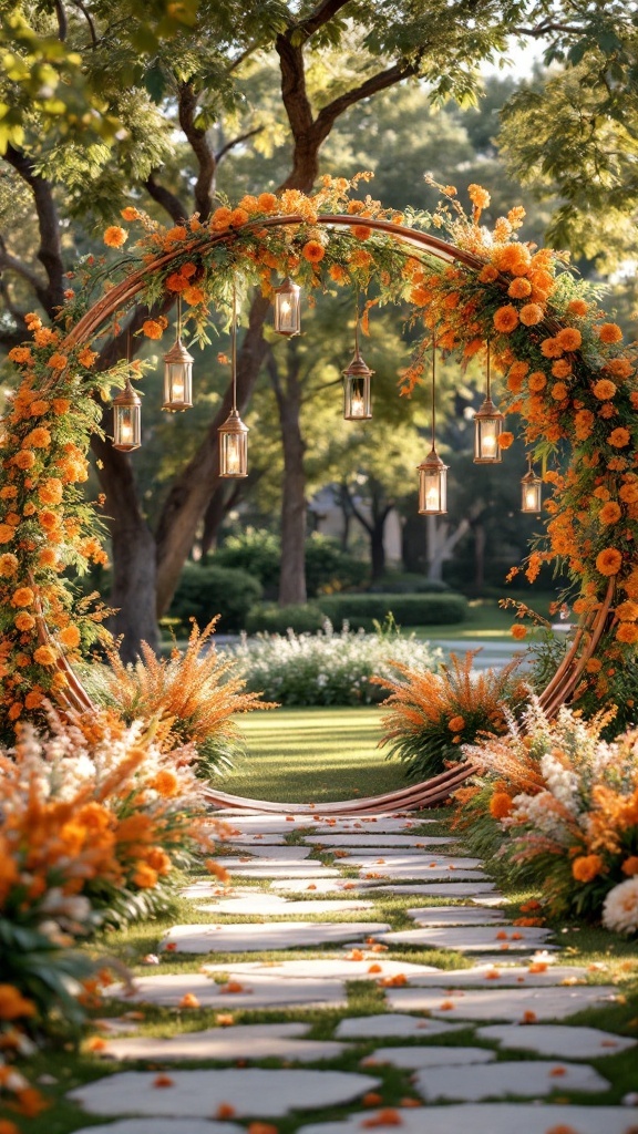 A round copper wedding arch decorated with burnt orange flowers and hanging lanterns in a garden setting.