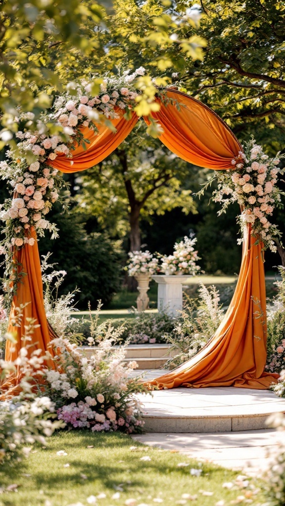 A round copper arch decorated with burnt orange silk ribbons and floral arrangements