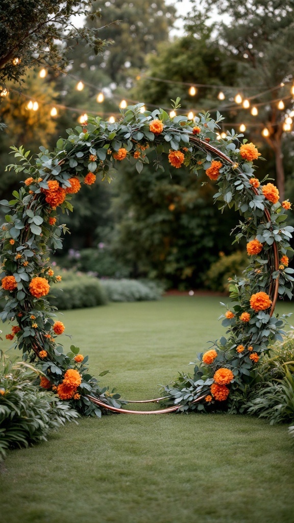 Round copper wedding arch decorated with eucalyptus leaves and burnt orange flowers.