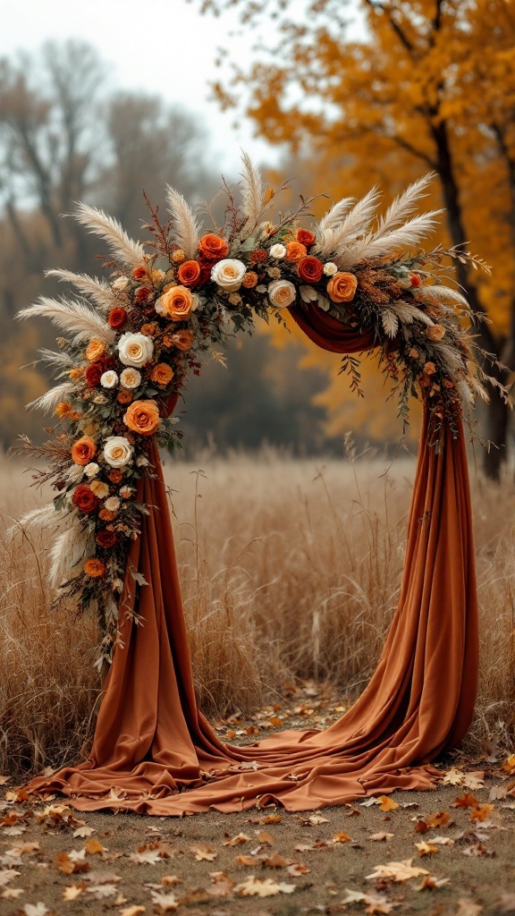 Rust-toned floral arch with fabric drapes, surrounded by autumn foliage.