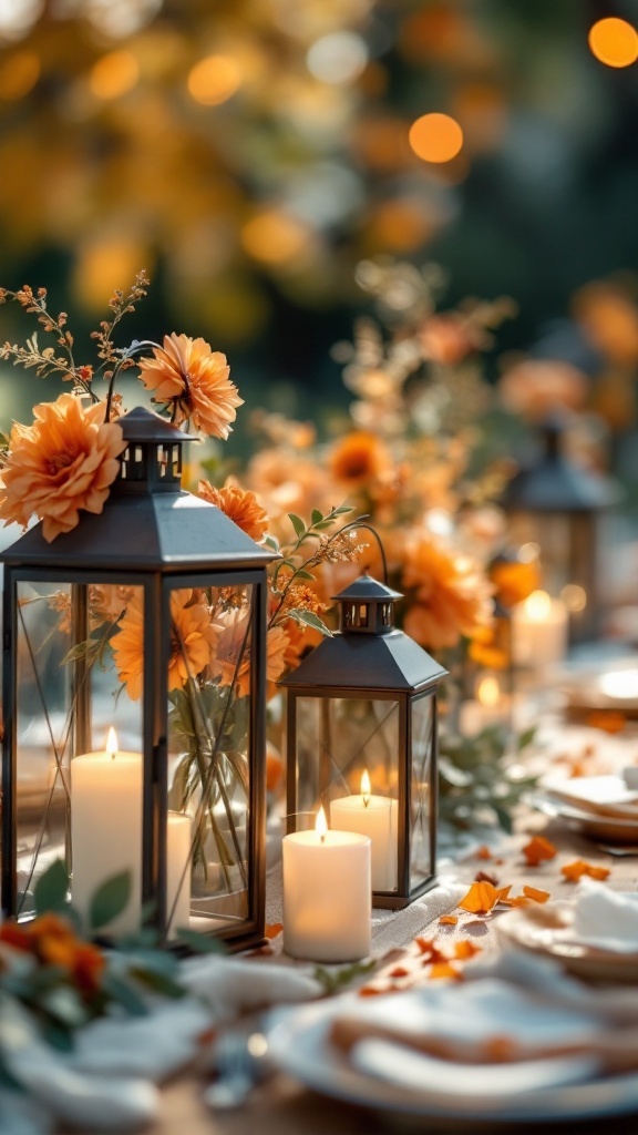 Rustic lanterns with burnt orange flowers and candles on a wedding table