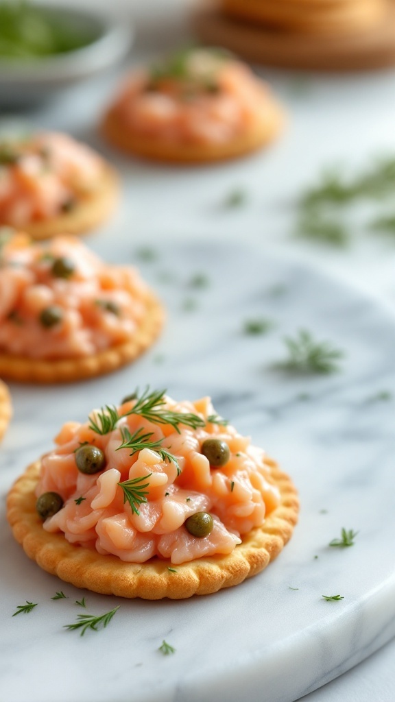 Salmon tartare on crispy bites, garnished with capers and dill.