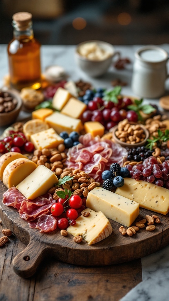 A beautifully arranged cheese and meat board with a variety of cheeses, cured meats, fresh fruits, and nuts.