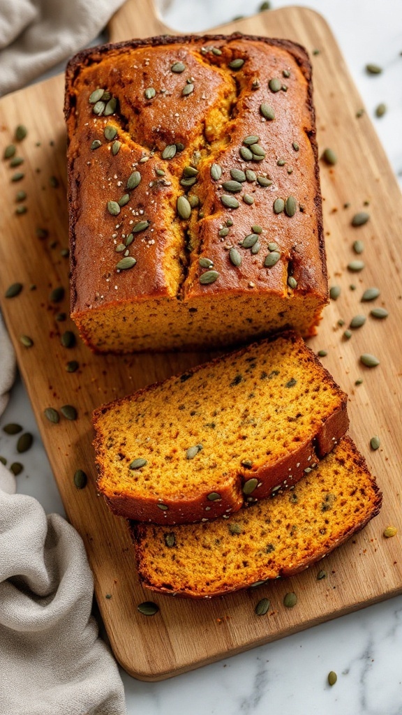 A loaf of savory pumpkin bread sliced and topped with pumpkin seeds.