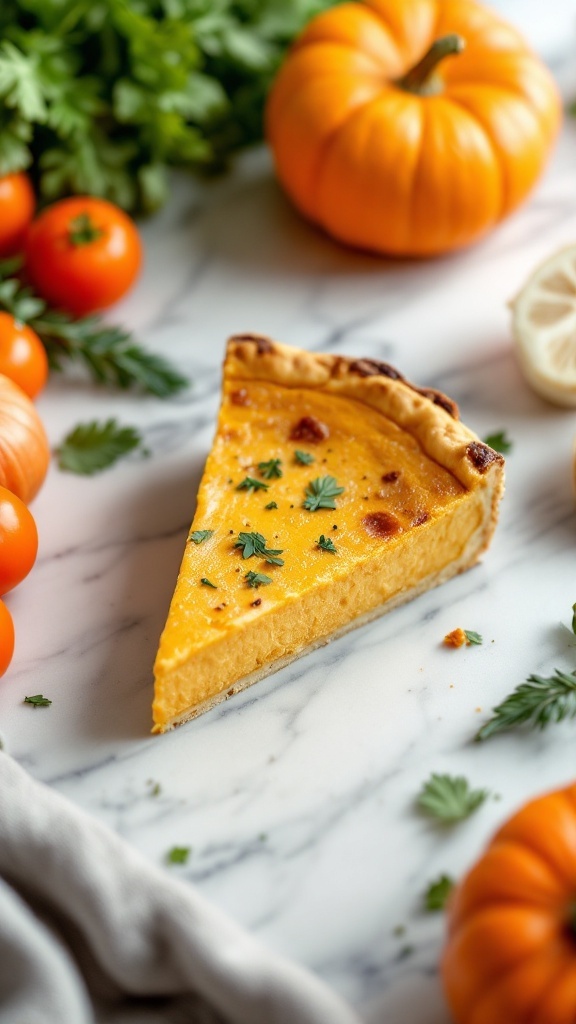 A slice of savory pumpkin quiche garnished with herbs and surrounded by pumpkins and tomatoes.