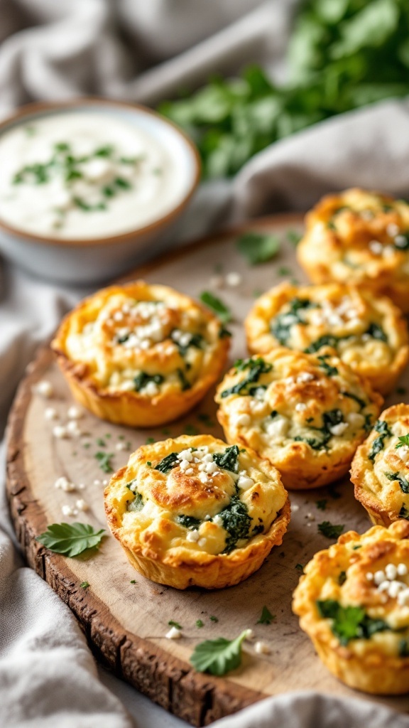 Savory Spinach and Feta Puffs on a wooden platter