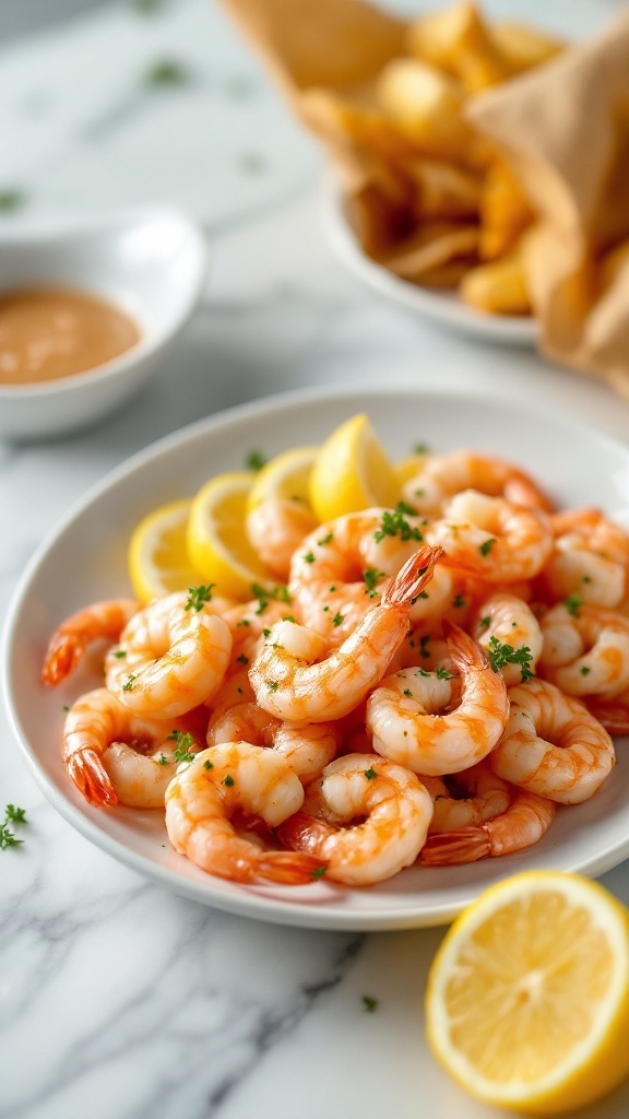 A plate of shrimp cocktail garnished with lemon wedges.