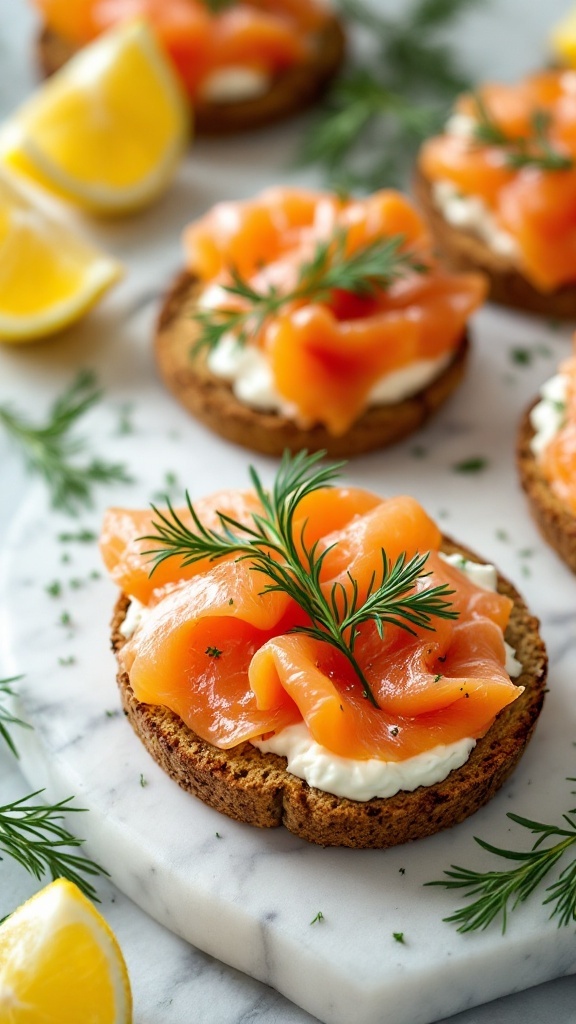 Smoked salmon and cream cheese bites on rye bread with lemon and dill