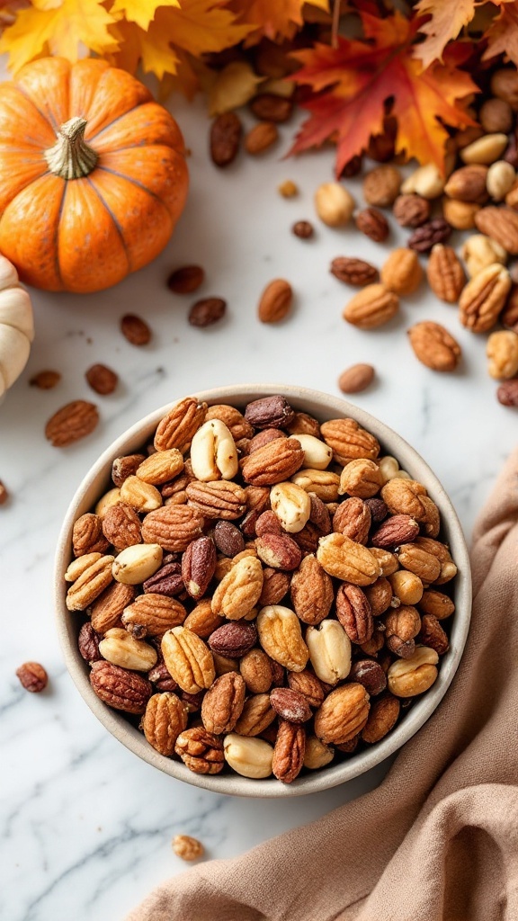 A bowl of spiced mixed nuts surrounded by autumn leaves and small pumpkins.