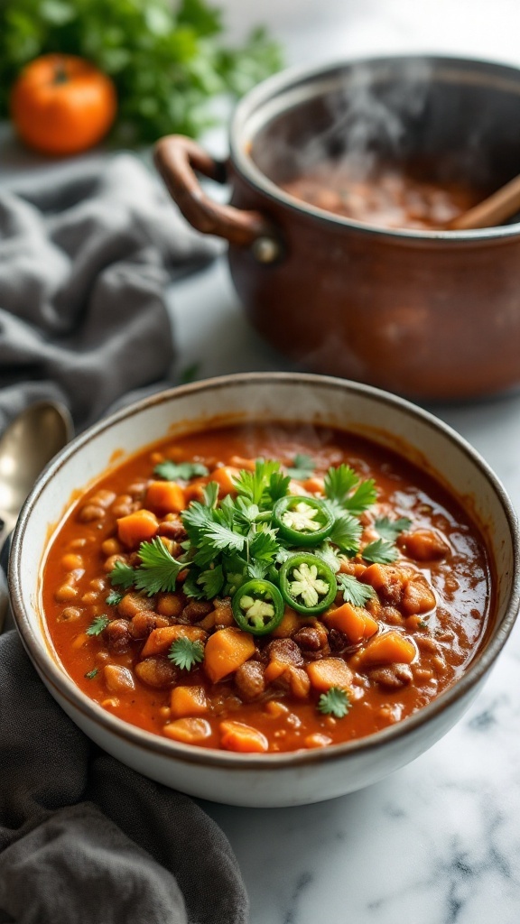 A bowl of spicy pumpkin chili topped with cilantro and jalapeños.