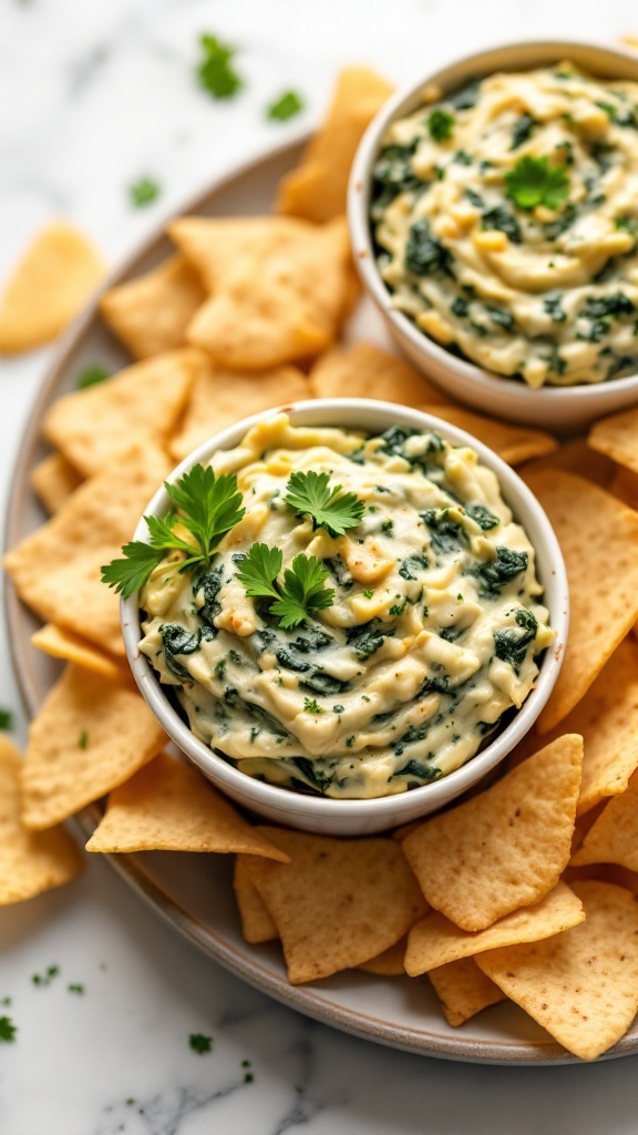 Spinach and artichoke dip served in small cups with chips