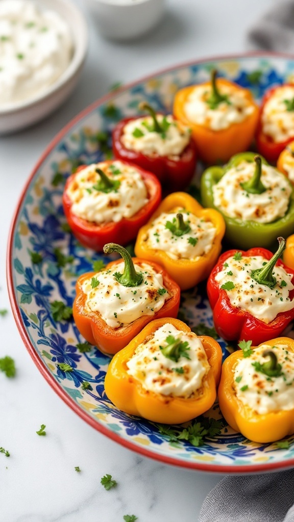 A colorful platter of stuffed mini peppers filled with cream cheese and garnished with parsley.