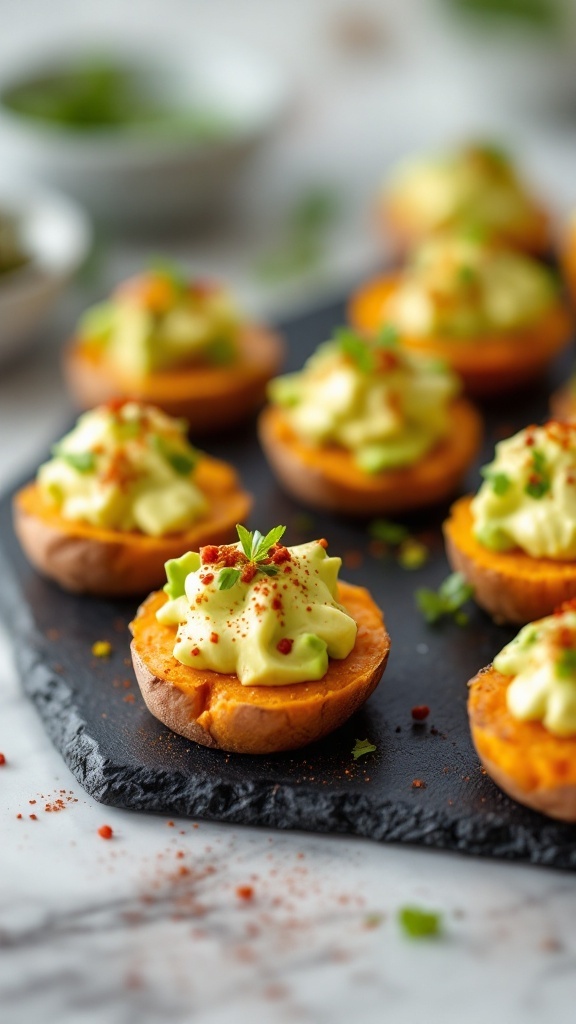 Delicious sweet potato bites topped with creamy avocado and garnished with herbs.