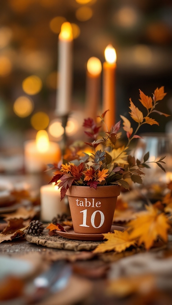 Terracotta pot with the number 10 painted on it, surrounded by autumn leaves and candles