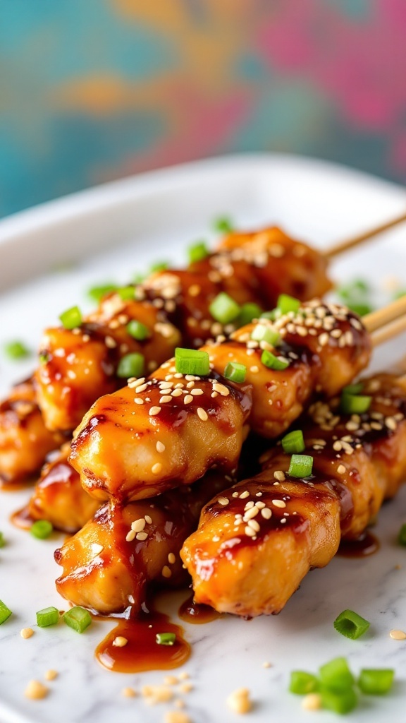 Delicious teriyaki chicken skewers garnished with sesame seeds and green onions