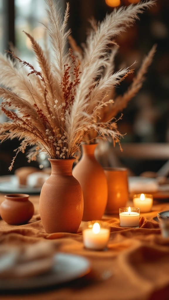 Table setting with terracotta vases filled with dried flowers and pampas grass, surrounded by candles.