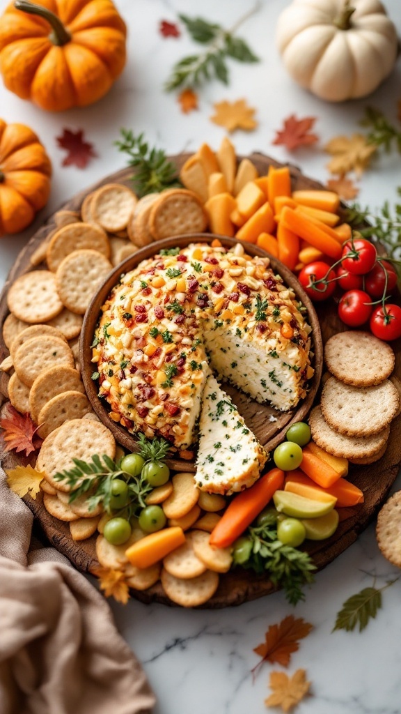 Cheeseball served with crackers and veggies for Thanksgiving appetizer