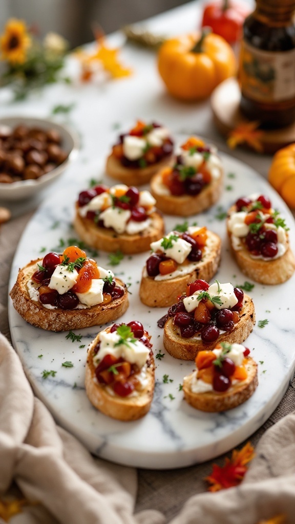 Delicious crostini topped with cream cheese, cranberry sauce, pecans, and mandarin oranges, perfect for Thanksgiving.