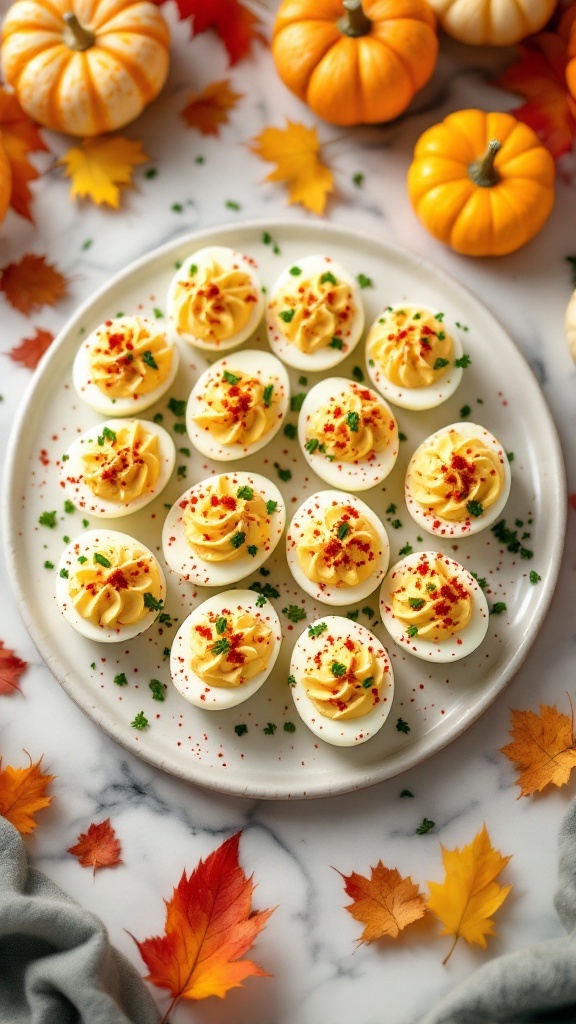 A plate of beautifully decorated deviled eggs garnished with paprika and fresh herbs, perfect for Thanksgiving appetizers.