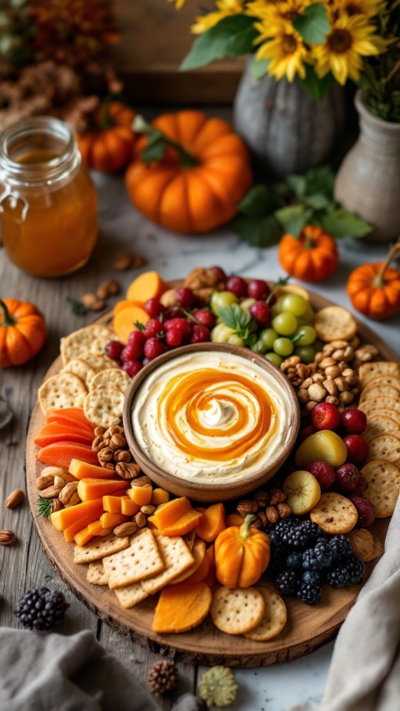 A variety of fruits, nuts, and crackers surrounding a creamy honey dip.