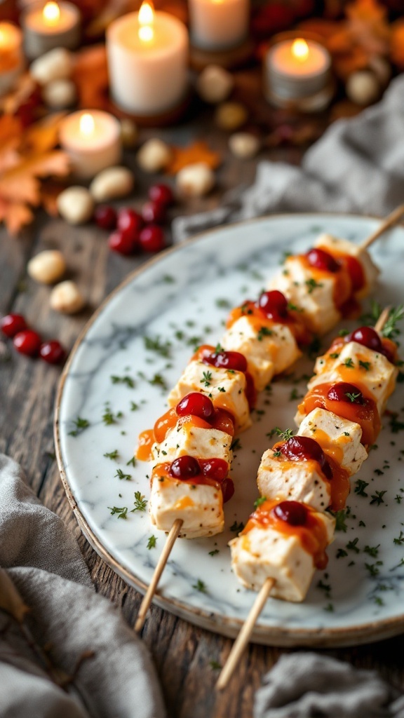 Thanksgiving appetizer skewers with cheese, cranberry sauce, and apricot jam