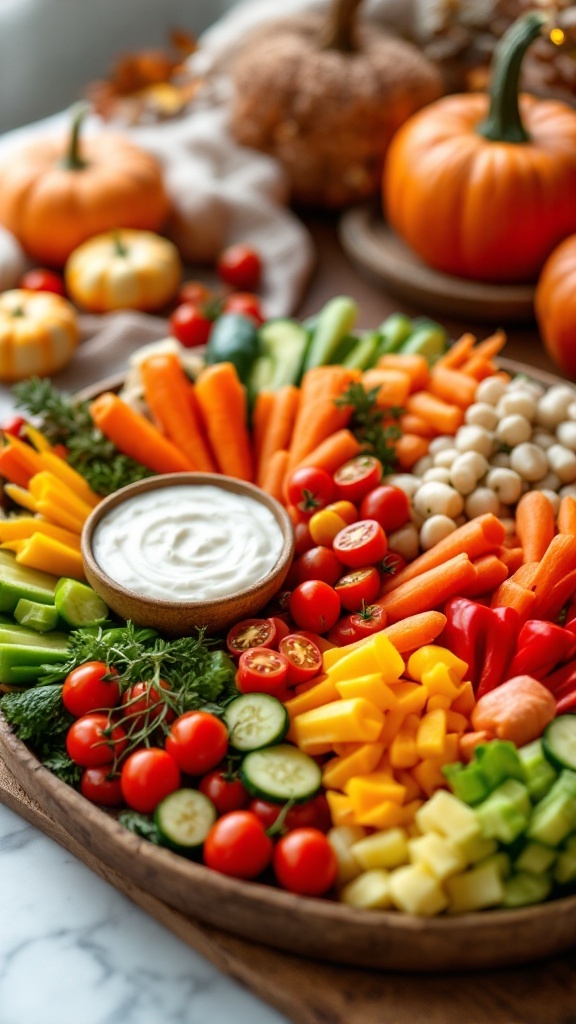 A vibrant veggie tray with assorted vegetables and a dip