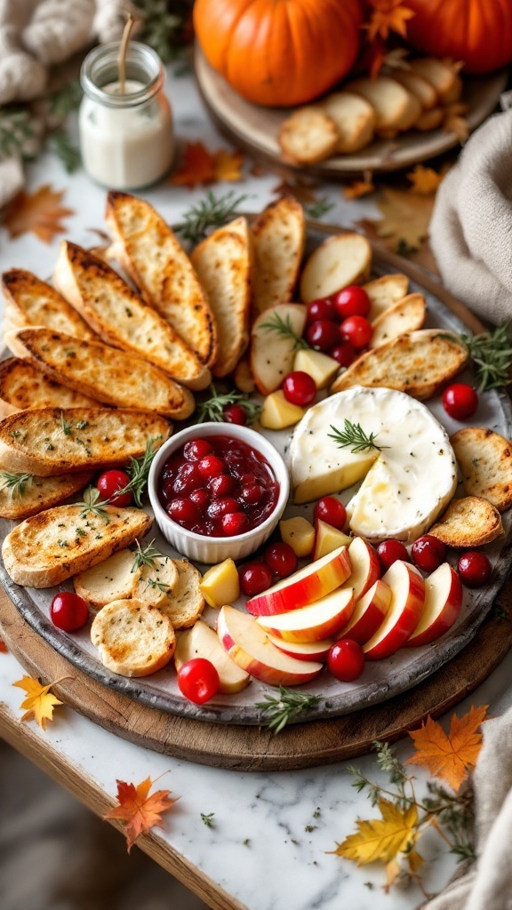 A festive Thanksgiving appetizer featuring brie cheese, cranberry sauce, apple slices, and toasted bread.