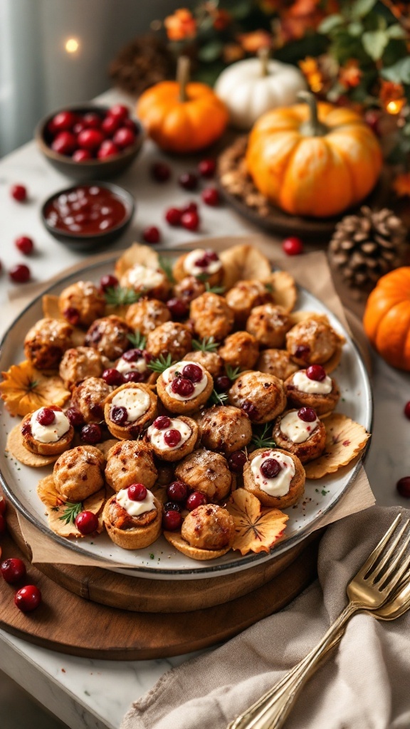 A plate of cranberry-topped appetizers, perfect for Thanksgiving gatherings.