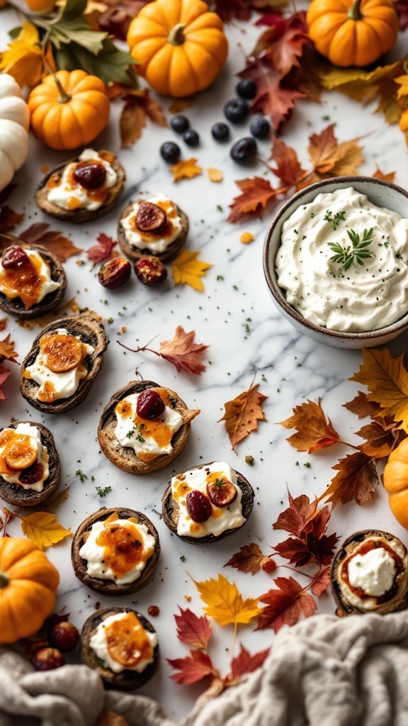 Delicious goat cheese appetizers with seasonal fruits and herbs on a festive table.