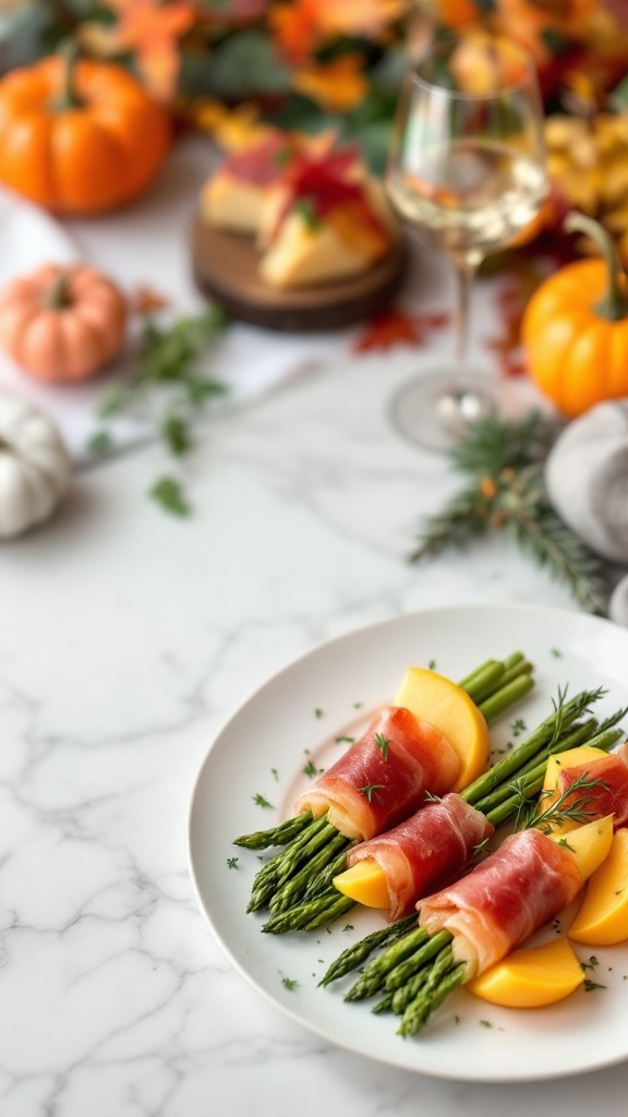 Prosciutto-wrapped asparagus with peach slices on a plate