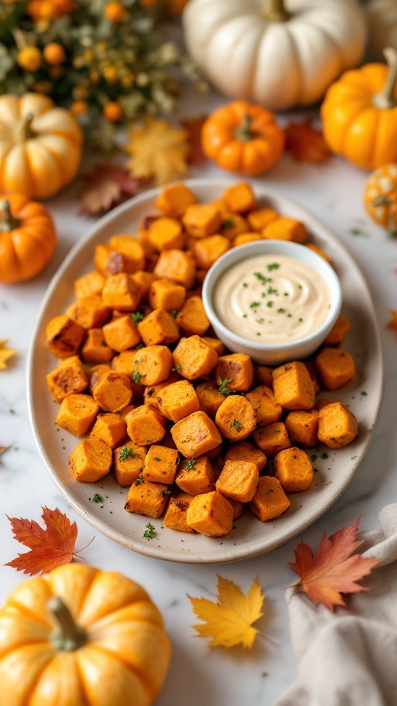 Plate of roasted sweet potato cubes with a dipping sauce