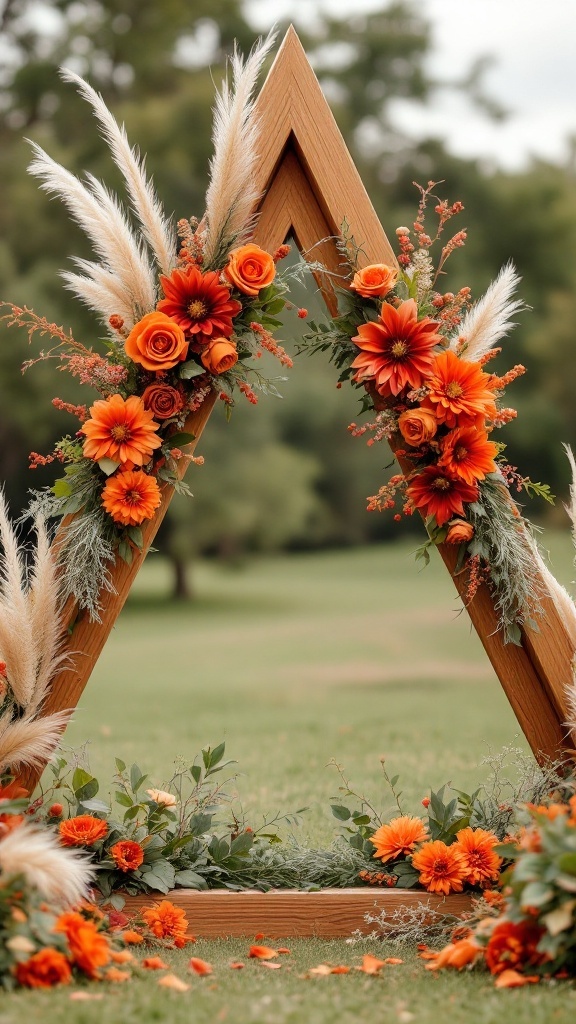 Triangle wooden wedding arch adorned with burnt orange flowers and pampas grass