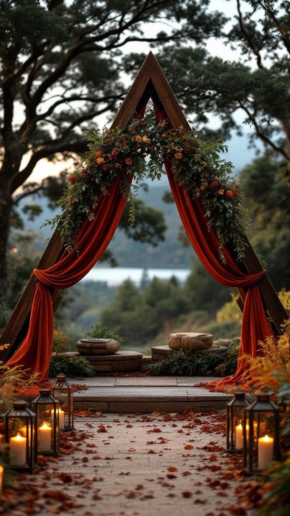 Triangle wooden arch adorned with burnt orange velvet drapes and wooden lanterns, set in a natural outdoor setting.